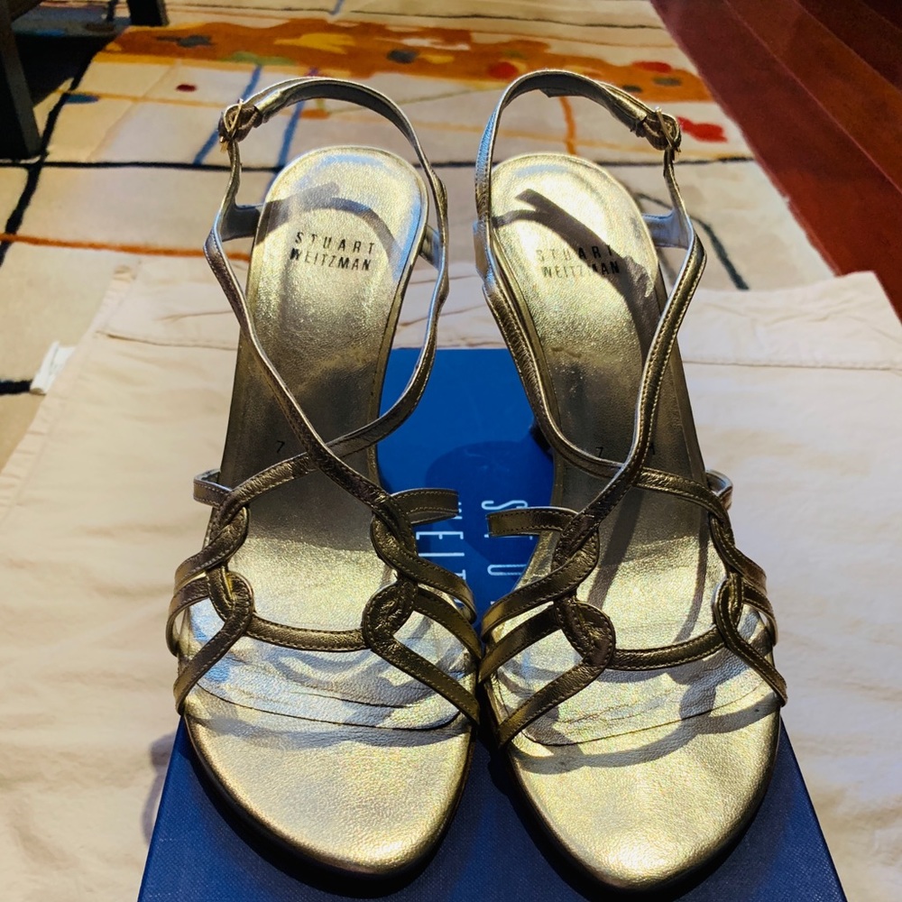 Stuart Weitzman Hiturn Gold 3 Inch Heel Sandals